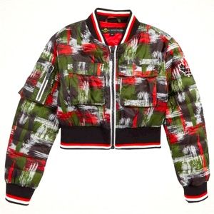 Moose Knuckles Camouflage Bomber Jacket Cadillac logo sleeve